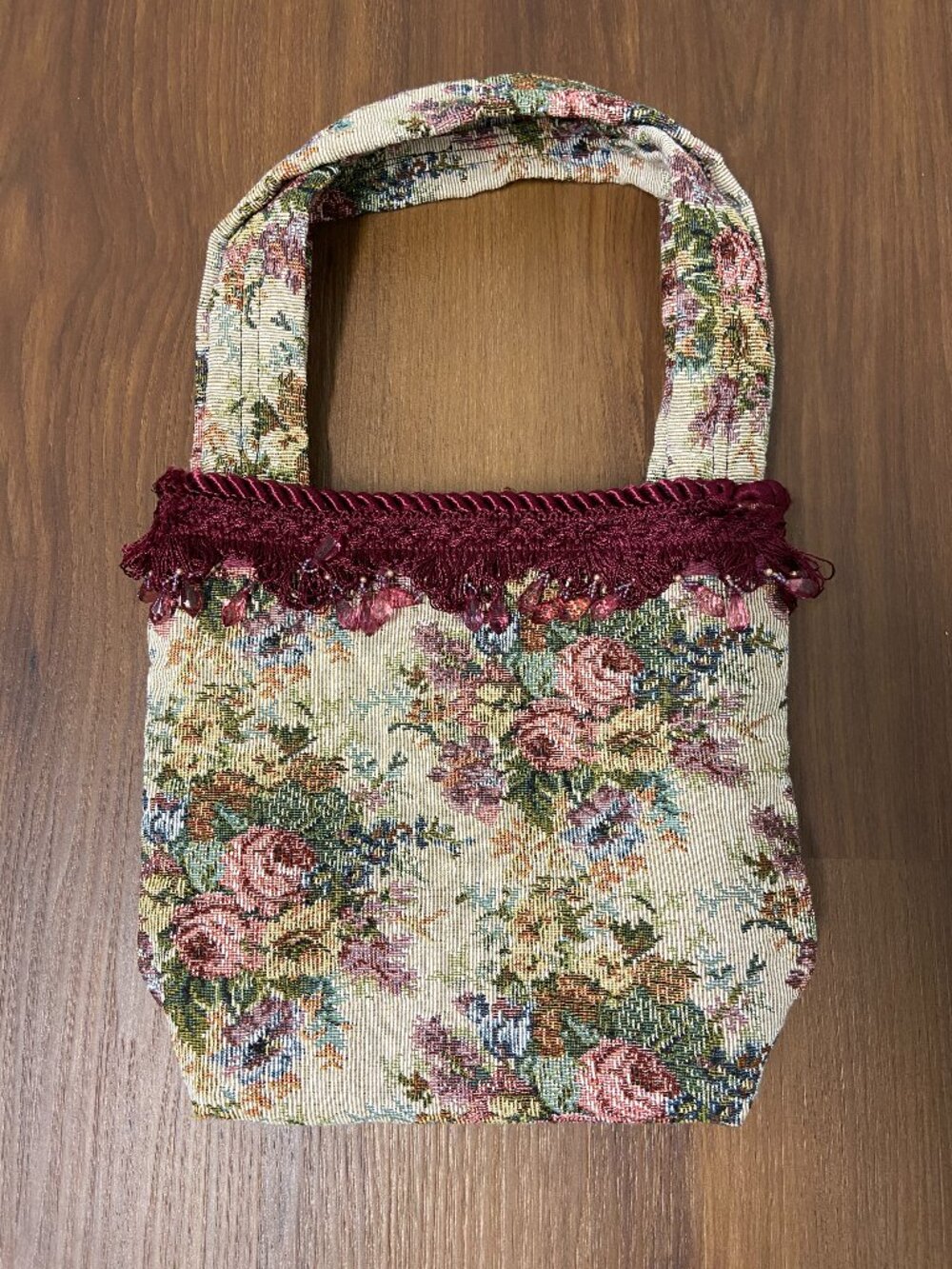 Handmade Purse Floral Tapestry Multicolor Burgundy Beaded Trim Magnetic Closure